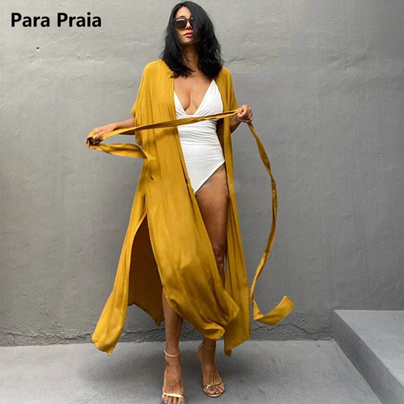 Para Praia Short Sleeve Kimono 2023 Beach Robe Maxi Long Dress Bikini Cover Ups Beachwear Sarong Women Loose Cardigan Covers