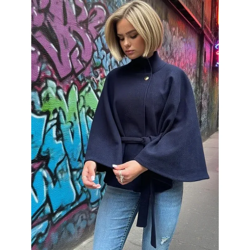 

Fashion Woolen Cropped Cloak Coats With Belt Women Autumn Stand Collar Button Long Sleeve Jacket Lady Street Chic Outerwear