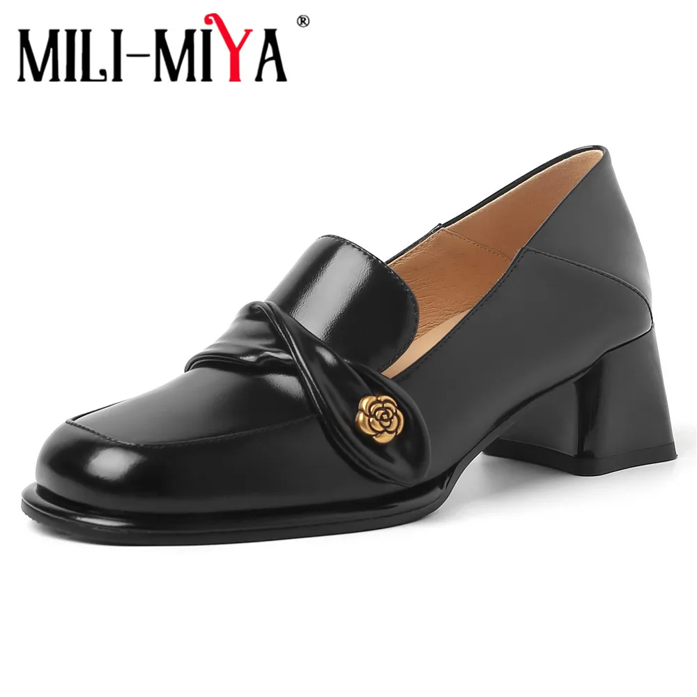 MILI-MIYA New Arrival Women Full Genuine Leather Pumps Solid Color Round Toe Thick Heels Slip On Big Size 34-40 Casual Shoes