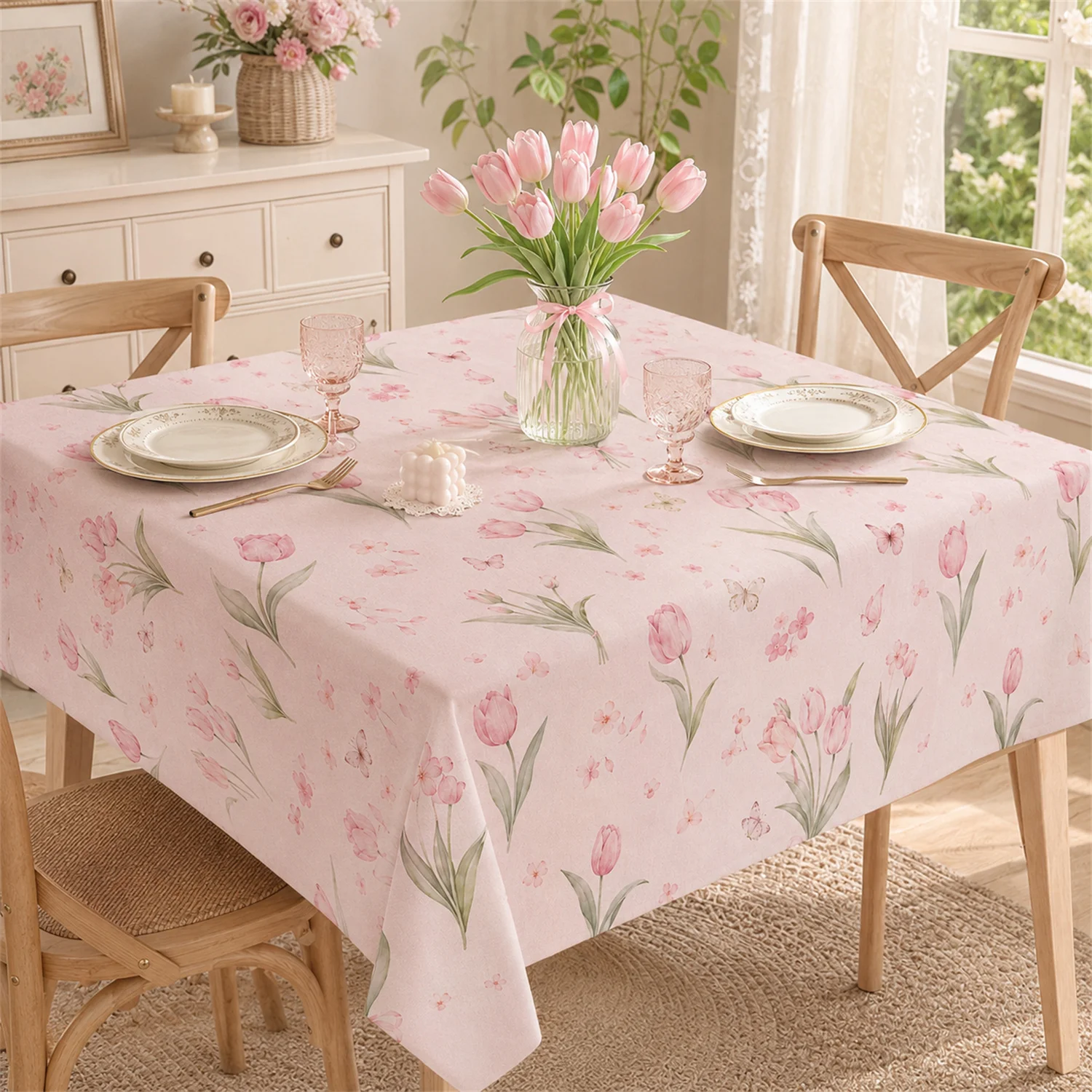 Pink Tulip Floral Tablecloth Butterfly Botanical Print Dining Table Cover Farmhouse Kitchen Wedding Party Home Decor