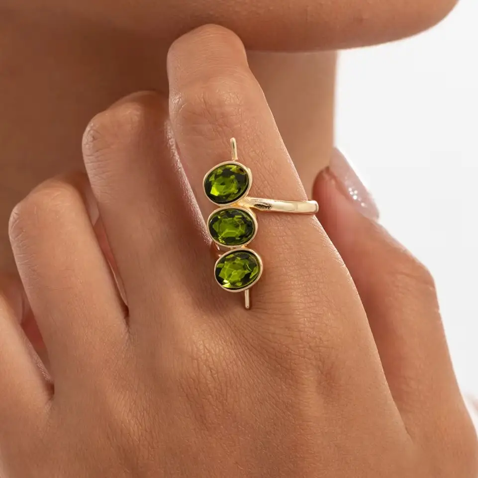 Lacteo Exquisite Three Green Glass Drill Bead Geometric Rings Women Simple Adjustabl Gold Color Copper Finger Ring Daily Jewelry