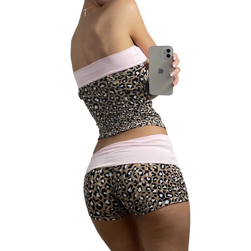 American color bow sexy leopard print spread chest small crowd over waist head tight wrap hip shorts two-piece set