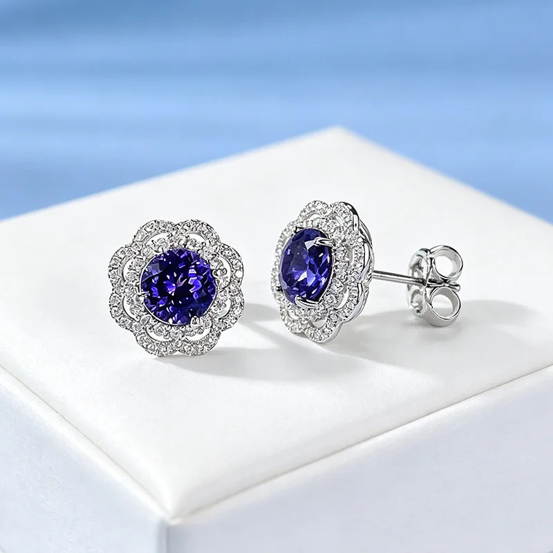 Luxury white gold solid platinum PT950 tanzanite purple earrings 6.5mm round flower shape surrounded by light luxury style