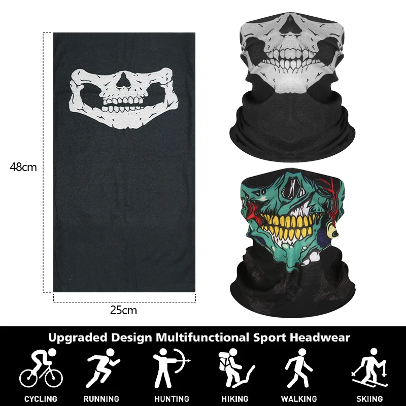 Bicycle Skull Half Face Mask Ghost Scarf Multi Use Neck Scarf Bike Mask for Cosplay Motorcycle Cycling Outdoor Skateboard Hiking