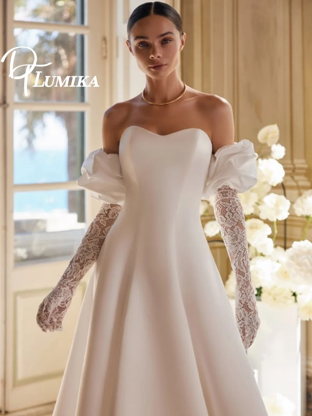 

Luxe Off-Shoulder Satin Wedding Dress 2026 Romantic Ruffled Bridal Gown Chic Ball Gown Floor-Length Bridal Dress Robe De Mariée