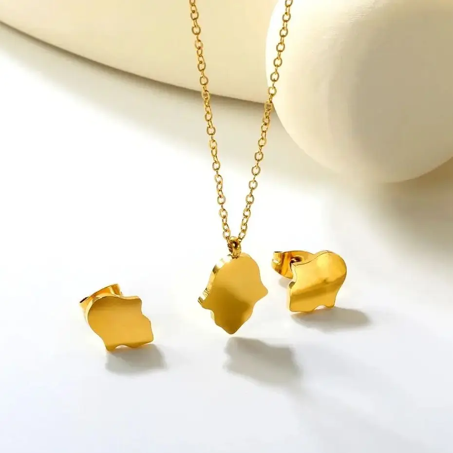 

LUXUKISSKIDS PVD Gold Plated Fashion Hamas Hand Pendant Jewelry Set Smooth Mental Unisex Necklace and Earrings Acceesories Gifts