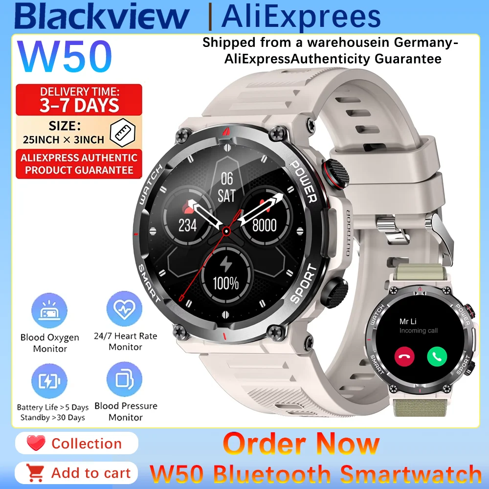 Blackview W50 Outdoor Bluetooth Call Smartwatch with LED Flashlight 960mAh Large Battery Waterproof Watch for Men Women Gifts
