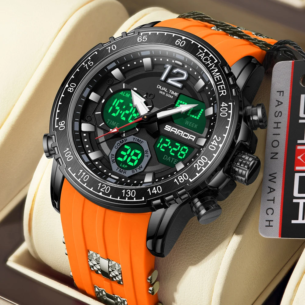 

SANDA мужские кварцевые электронные часы модные спортивные водонепроницаемые светящиеся хронограф с указателем цифровые наручные часы с двойным дисплеем
