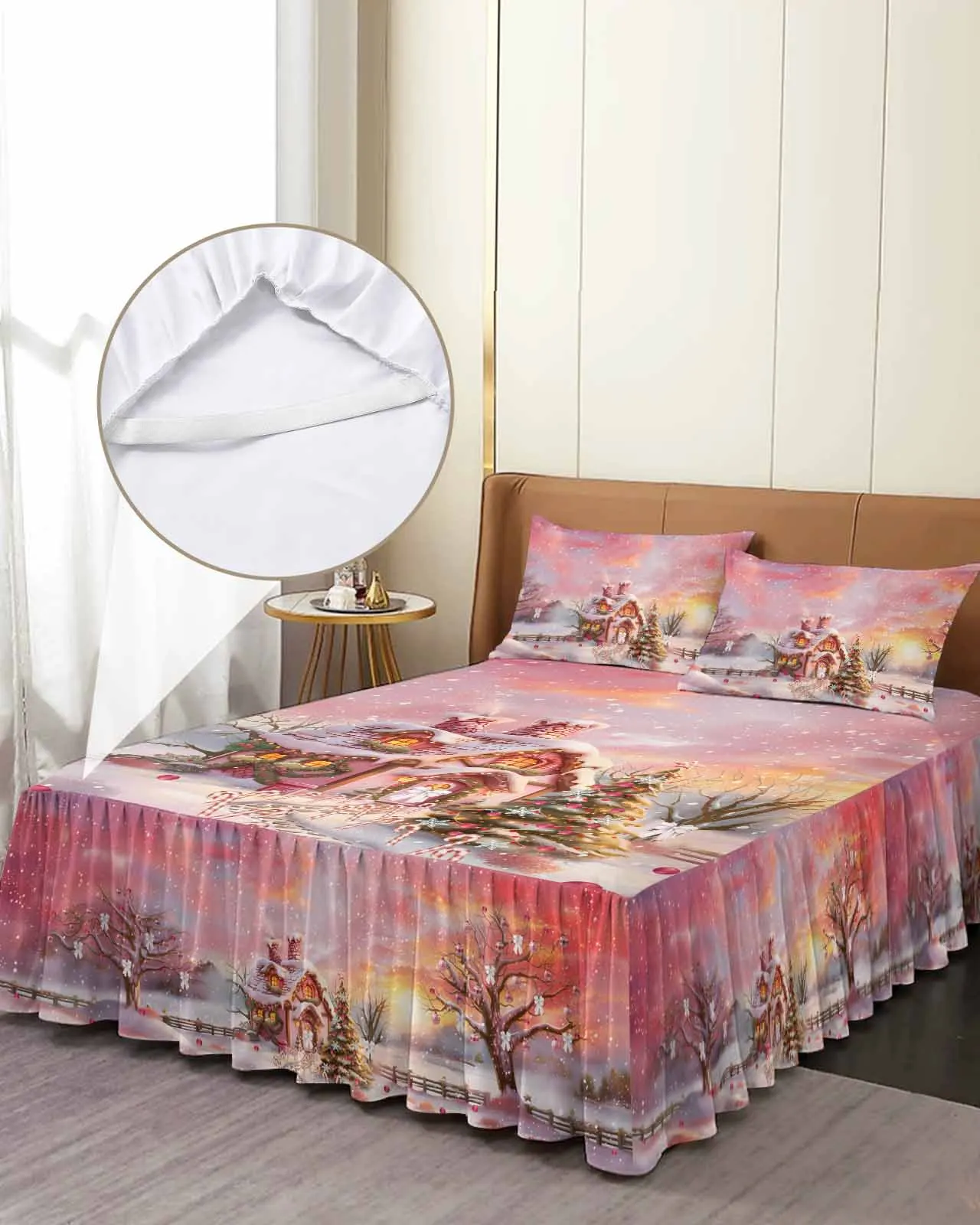 Christmas Candy House Snow View Countryside Skirt Elastic Fitted Bedspread With Pillowcases Mattress Cover Bedding Set Bed Sheet