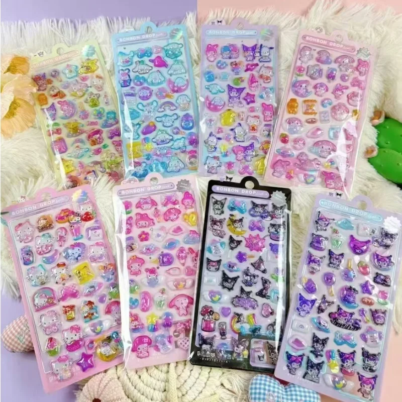 

Japanese Sanrio cartoon Sticker Kuromi Melody 3D Relief Bubble Sticker Noctilucent Fun Crystal decal Decoration Christmas Gifts
