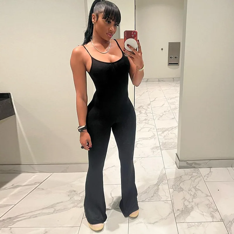 Summer sports leisure women's spicy girl street fashion low neck slim fit solid color suspen bell bottom pants jumpsuit pants