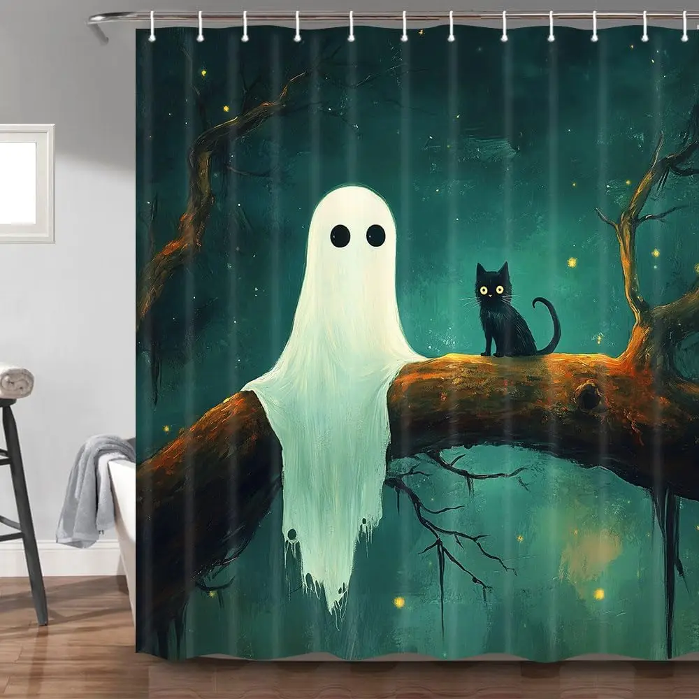 

Занавеска для душа Torich Halloween Ghost Cat, винтажная водонепроницаемая осенне-осенняя водонепроницаемая тканевая занавеска для декора ванной комнаты, 69x72