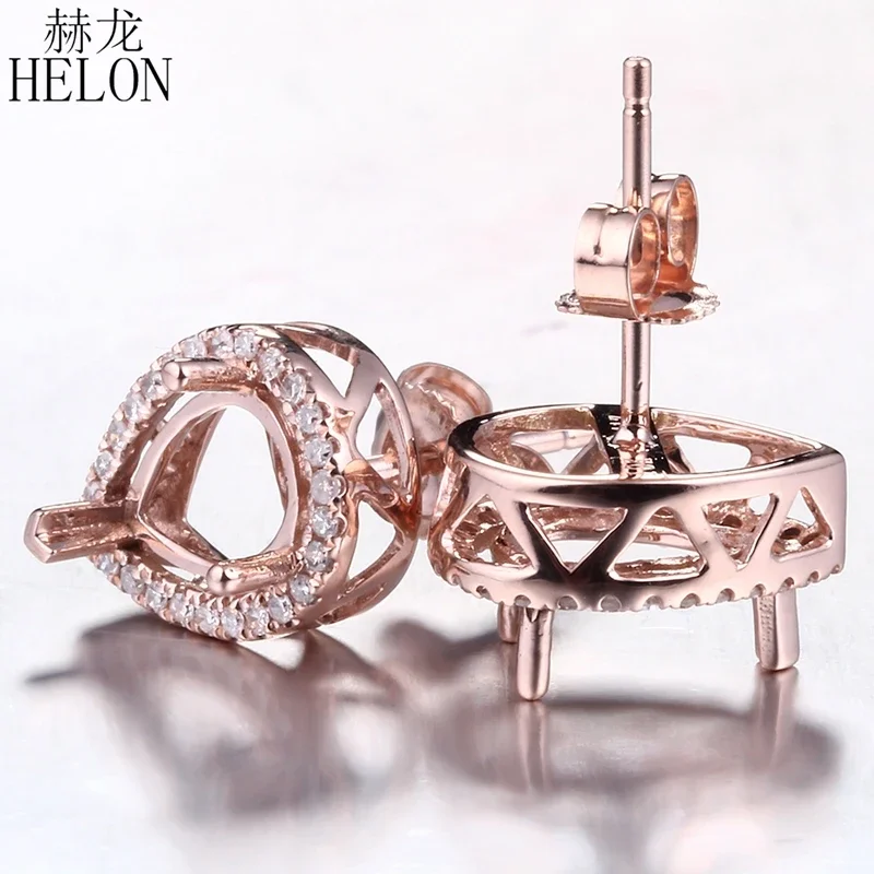 HELON 6.5x8.5mm Pear Cut Solid 14K Rose Gold Pave 0.2ct Natural Diamond Semi Mount Engagement Stud Earrings Women Trendy Jewelry