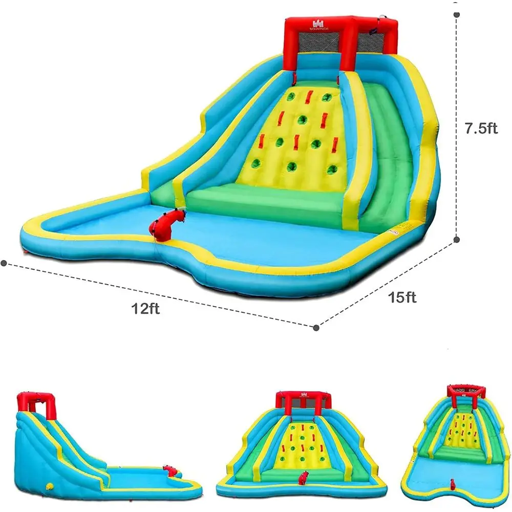 Iatable waterglijbaan, gigantisch waterglijbaanpark voor kinderen achtertuin buitenplezier met dubbele lange glijbanen, 950 W blazer, klimmen