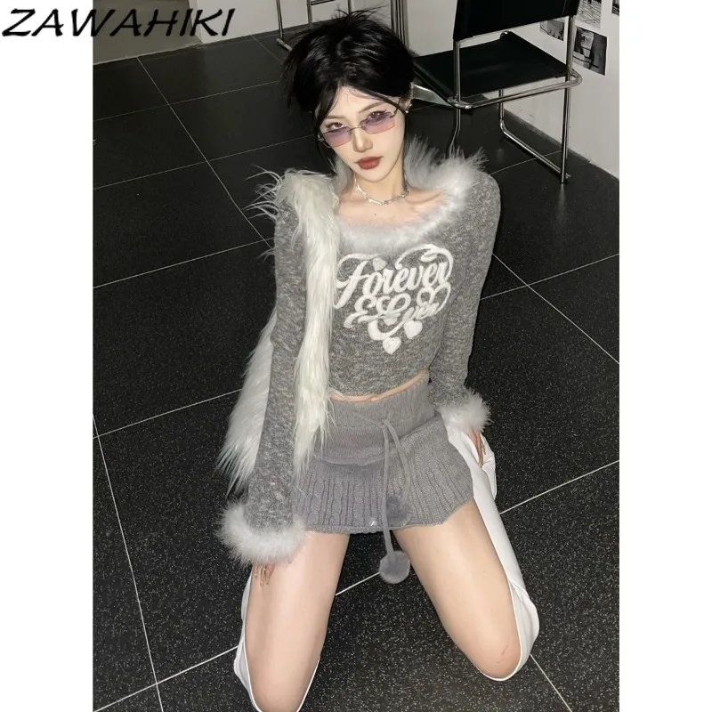 Y2k Korean Crop Tops Fur Collar Design Top Female Patchwork Embroidery Women Clothing Fashion Office Lady Elegant Ropa Mujer