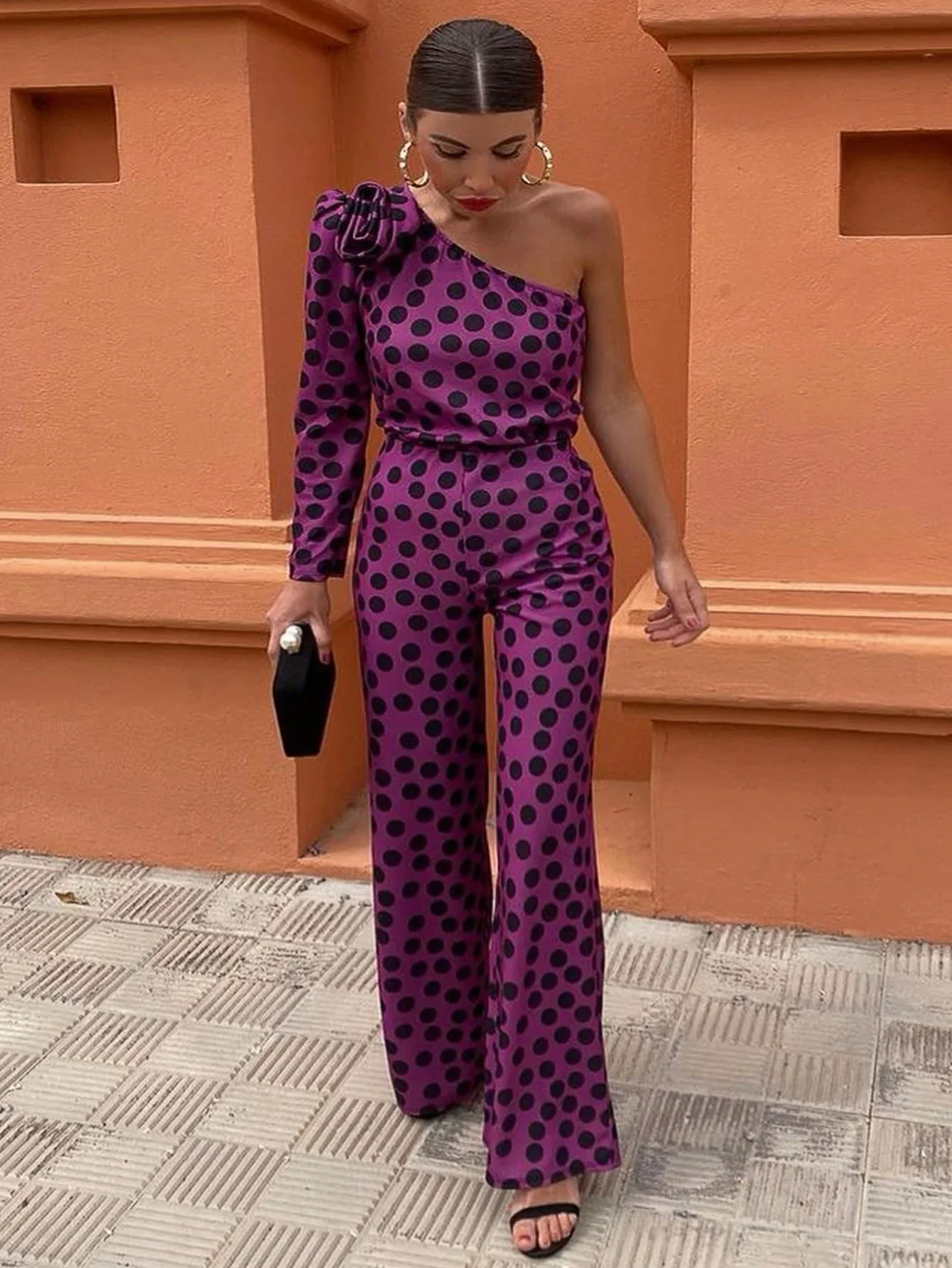 

Chic Women Dots Print Purple Jumpsuit One Shoulder Long Sleeve Empire Wide Leg One Piece Outfits Rompers Women Spring Summer New