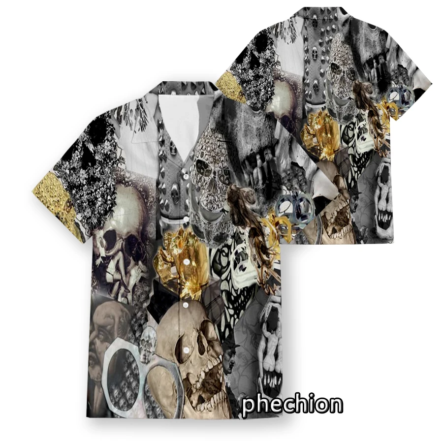 Phechion Hawaiian Short Sleeve Men's Shirt Skull Collage 3D Printed Casual Shirts Fashion Men Tops W06