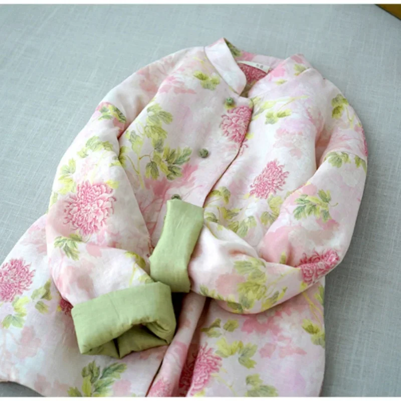 

Куртка с цветочным принтом в китайском стиле, женская осенне-зимняя свободная повседневная куртка с длинным рукавом и пуговицами-лягушкой, утепленная верхняя одежда