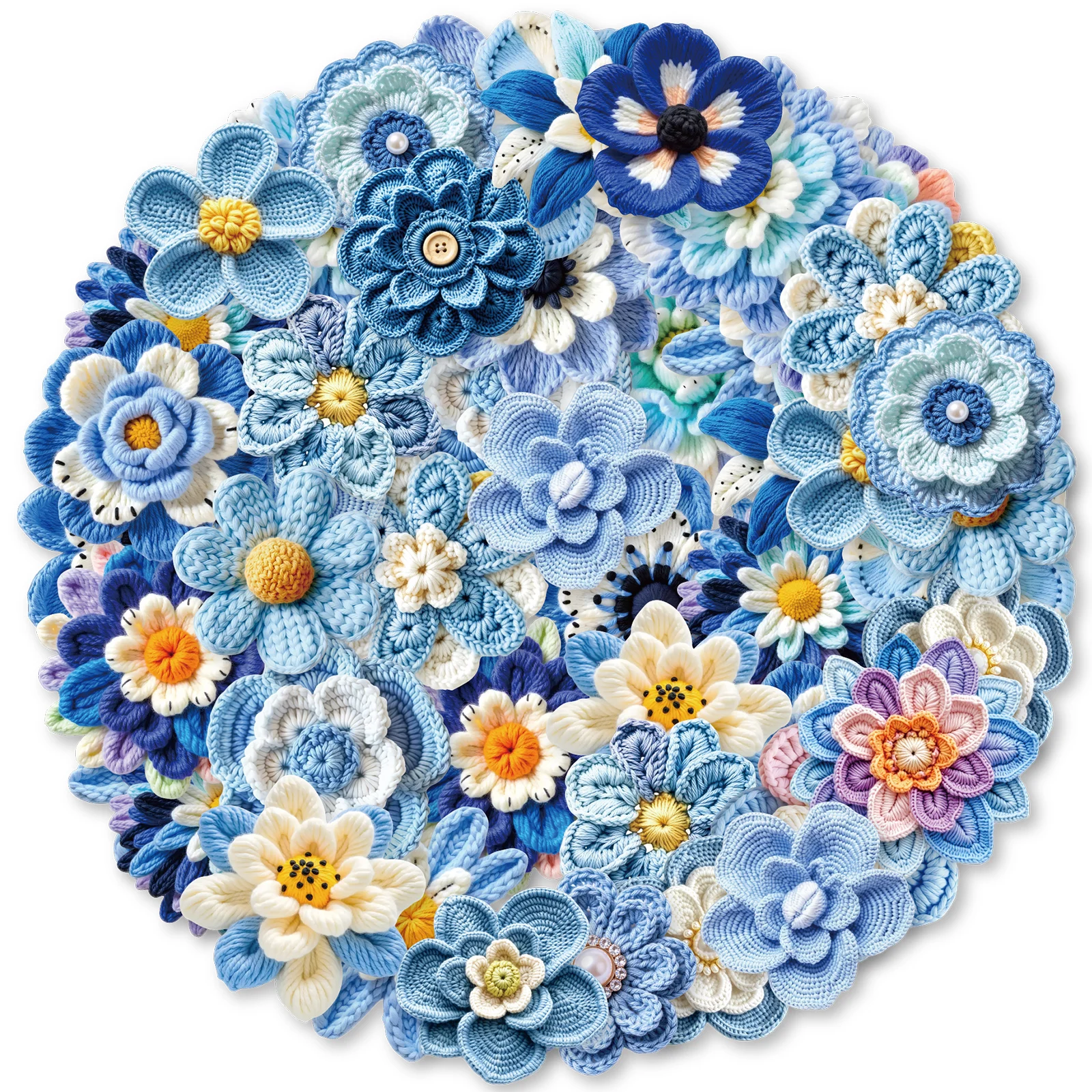 Etori Life 50Pcs Blue Crochet Flower Sticker Pack 3D Yarn Floral Pattern Stickers for Journaling, Scrapbooking, Photo Album Decoration, Suitable for Laptops, Phone Backs, Diaries, Postcards and Envelopes, Sticker Books, Helmets and Bicycles, Scrapbooking Supplies, Office Decoration Supplies, Room Decoration, Art Aesthetics, Party Stickers, Reward Stickers, Cycling Decals, Gifts for Friends