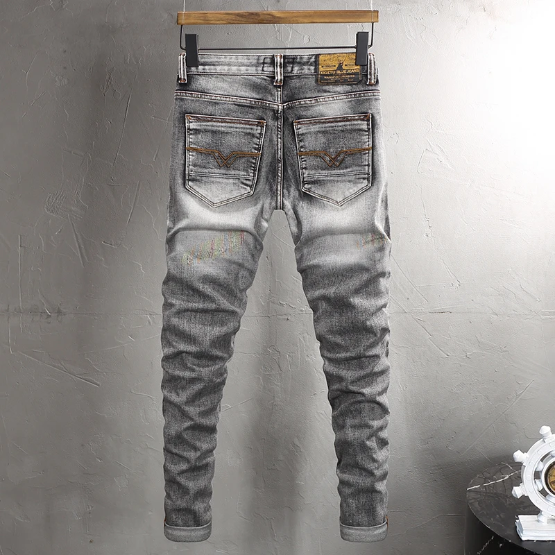 Fashion Designer Men Jeans Retro Washed Gray Elastic Slim Fit Ripped Jeans Men Embroidery Patched Vintage Denim Pants Hombre