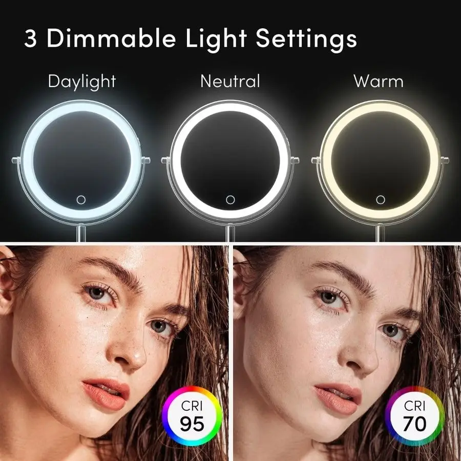 مرآة مكياج مضاءة 9 بوصة قابلة للتعديل مع تكبير 10X 1X قابلة لإعادة الشحن، مرآة زينة LED مزدوجة الجوانب مع ضوء