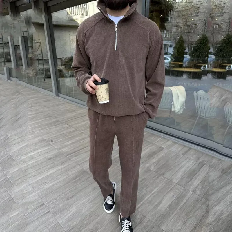Frühling Herbst Herren Cord Zweiteiler Set Stehkragen Halb-Reißverschluss-Pullover Passende Hose Europäisch-Amerikanischer Trendiger Loser Lässiger Outfit – Detail 8