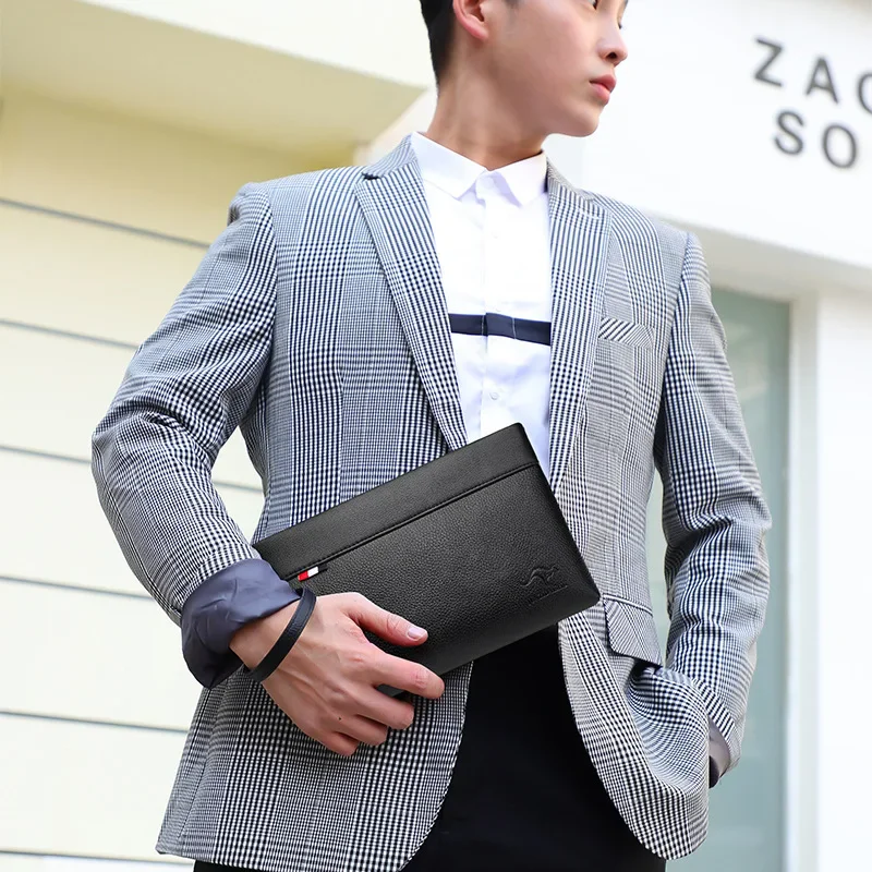 Men's Handheld Bag Business Large Capacity Retro Soft Face Leather Clip Casual Fashion Handheld Bag Zipper Bag Wallet