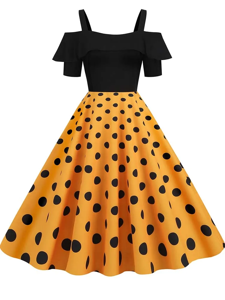 Off the Shoulder Elegant Vintage Party Dress Women Summer Polka Dot Ruffles A Line Midi Dresses