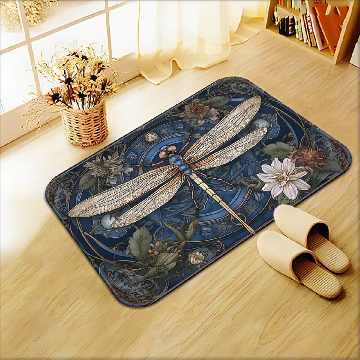 1pc Blue Dragonfly Welcome Doormat, Non‑Slip Absorbent Machine‑Washable Microfiber Floor Mat for Bedroom, Living Room, Entryway