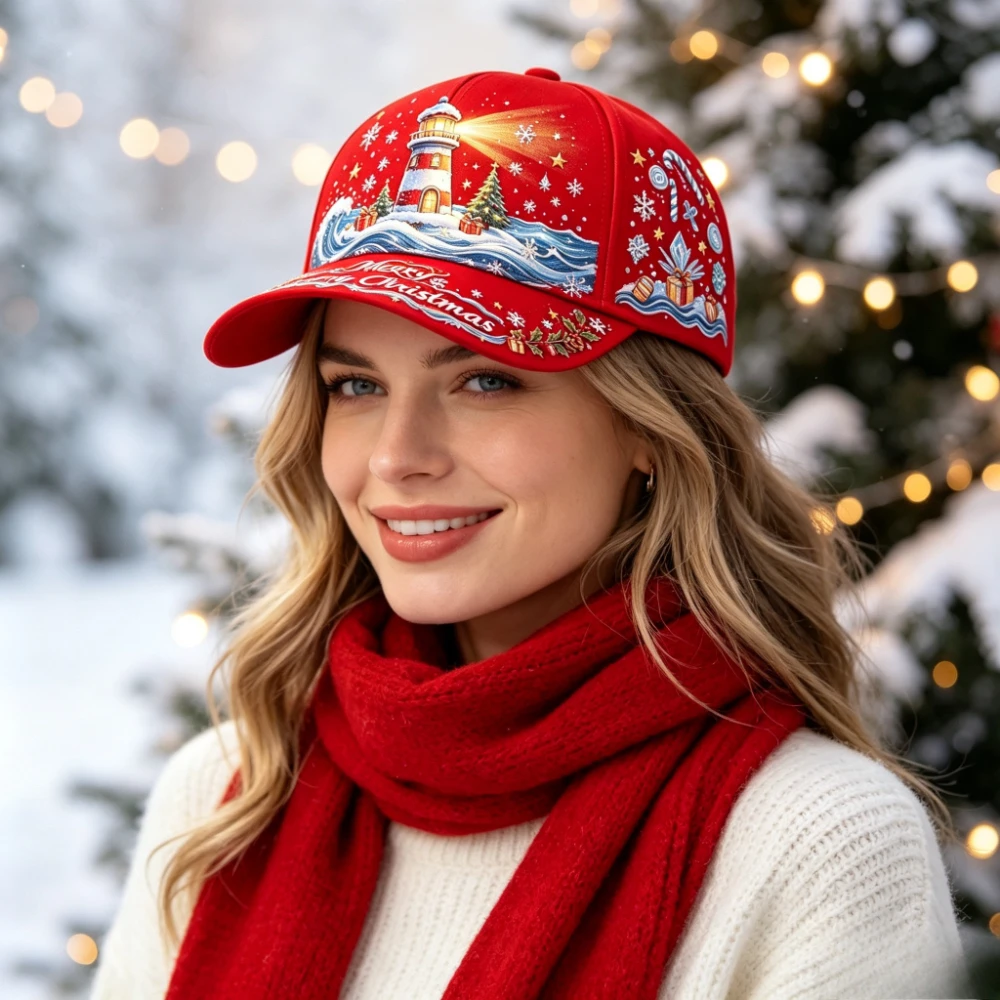 Custom Red Christmas Lighthouse Baseball Cap Merry Christmas Ocean Wave Snowflake Print Trucker Hat Xmas Gift Candy Cane