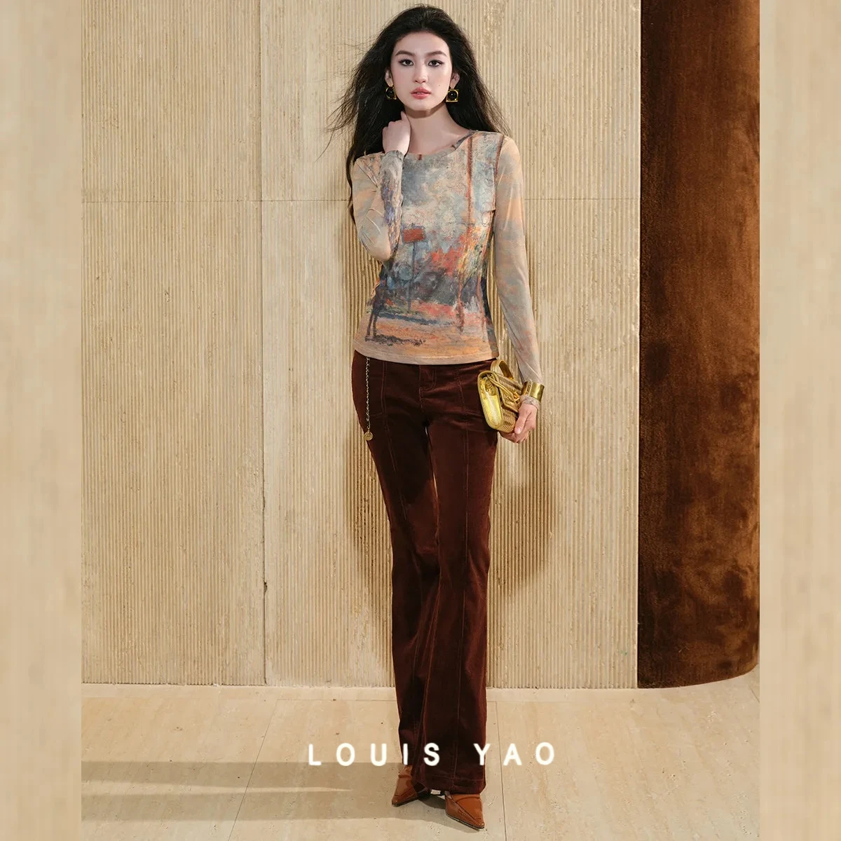 LOUIS YAO Printed Long-sleeve T-shirt 2025 Round Neck Slightly Stretchy Oil Painting Women's T-shirts Elegant Tops for Women