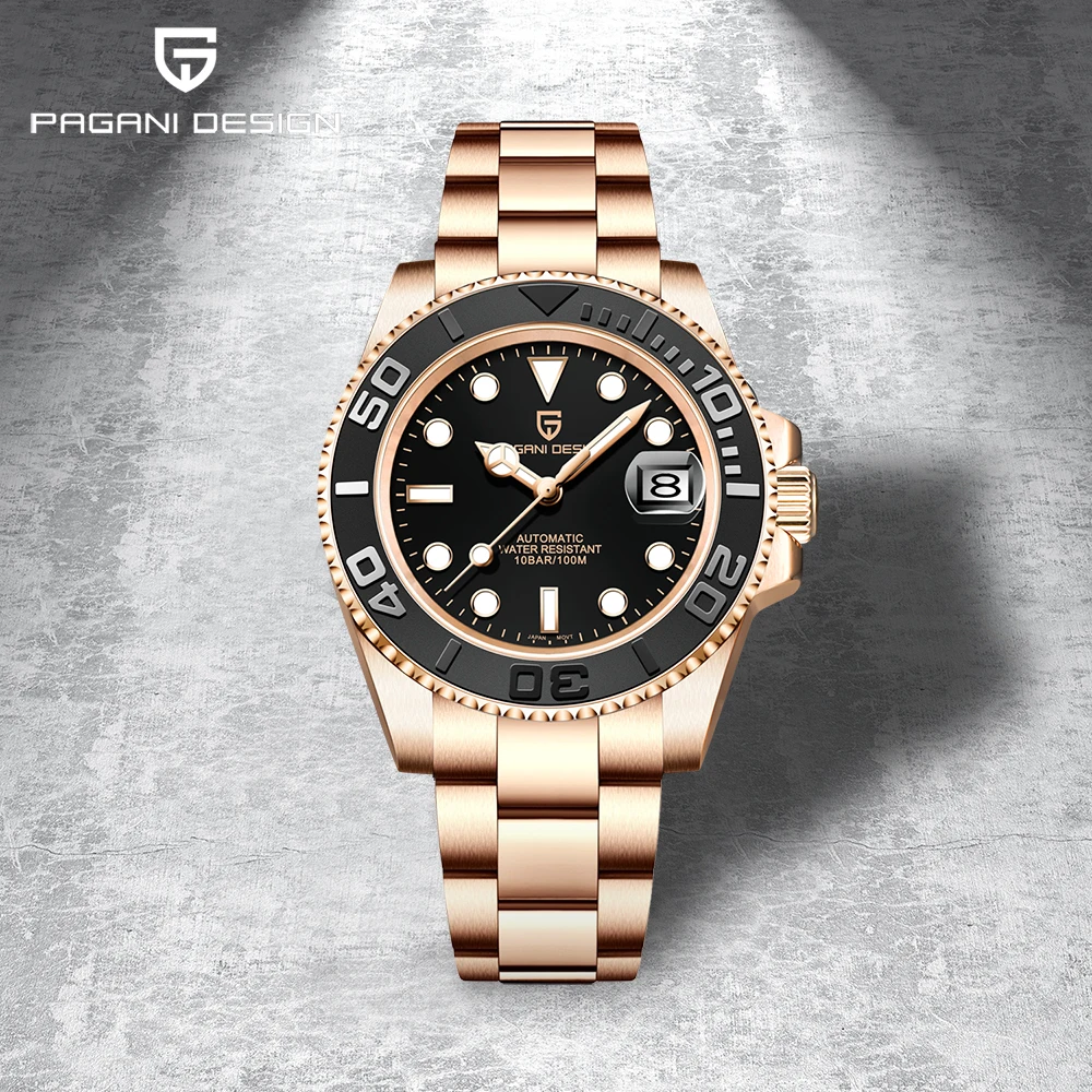 PAGANI DESIGN Luxury Mechanical Automatic Men's Watch Rose Gold Ceramic Rotating Frame Top Business watches for man reloj hombre