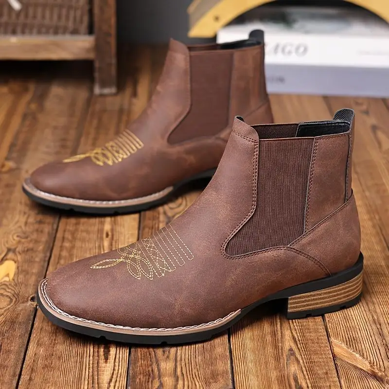 Men's embroidered leather shoes, outdoor comfortable and breathable high-top leather boots