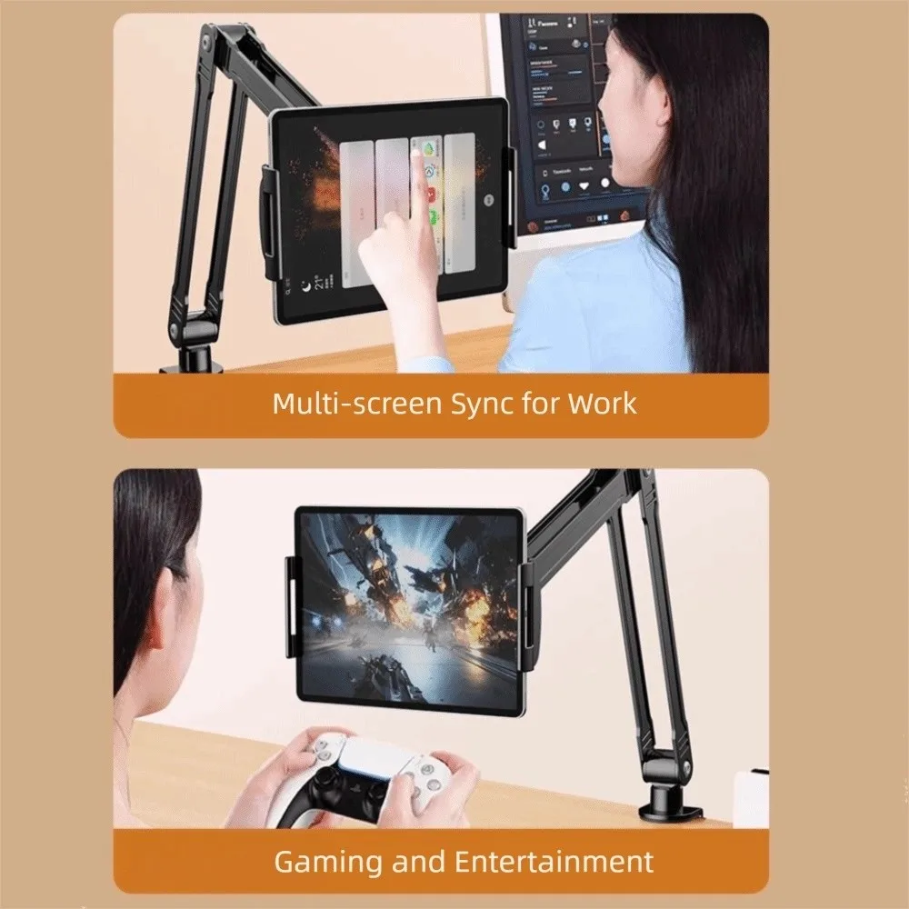 حامل لوحي قابل للتعديل وقابل للطي بذراع طويلة مصنوع من خليط معدني بزاوية 360 درجة وحامل قوي للسرير وحامل لوحي للأريكة