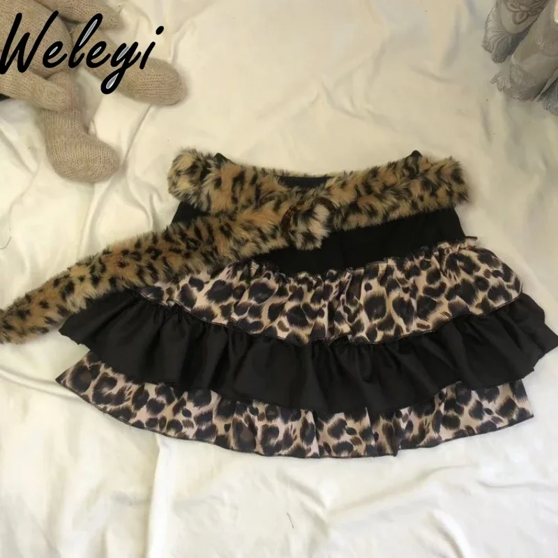 Hot Girl Leopard Print Mini Tutu Skirt with Furry Belt Ladies Autumn and Winter Subculture Retro Patchwprk Cake Mini Skirt Women