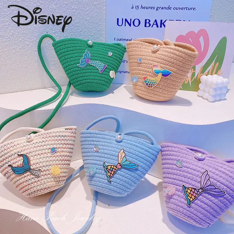 Disney Mermaid New Cotton Thread Woven Women's Bag Fashion Cartoon Seaside Casual Bag Multi Functional Crossbody Mini Bag