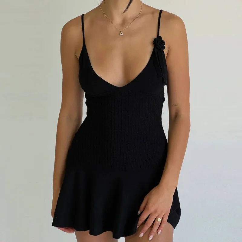 Rosa gestricktes Cami-Minikleid für Damen mit 3D-Rosenmuster, V-Ausschnitt, Rüschen, süßes Y2K-Bodycon-Kleid für Urlaub, Strandparty, Alltagsoutfit – Detail 18