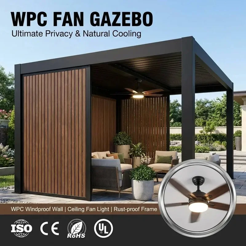 Modern Motorized Louvered Pergola with Integrated LED Strip Lights Outdoor Kitchen Balcony Residential Backyard Dining Gazebo