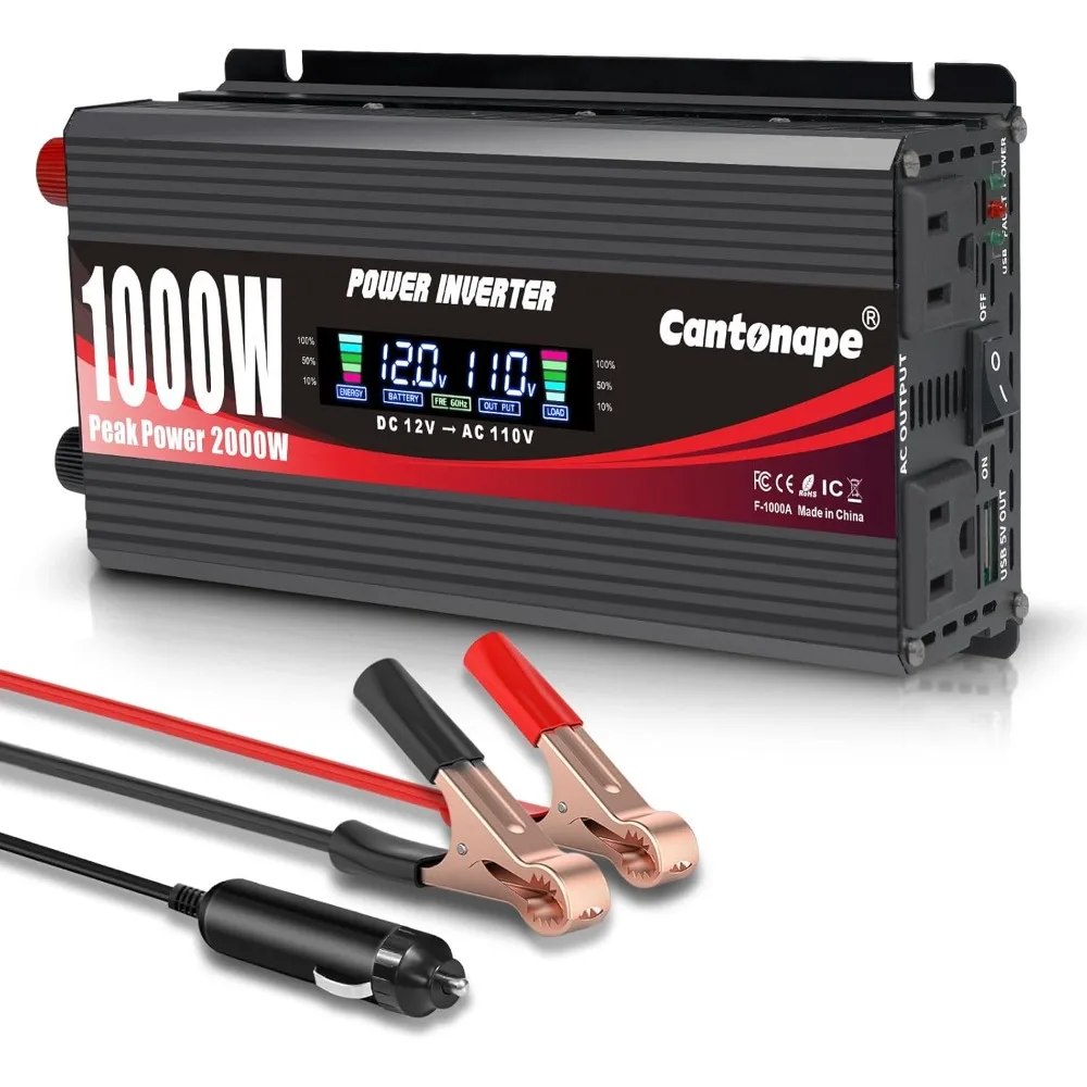 

Car Power Inverter Converts 12V DC to 110V/120V AC with LCD Display, Dual Outlets, and USB Chargers