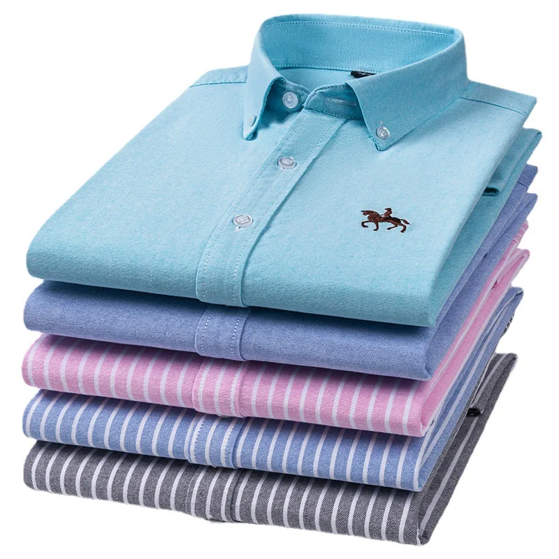 

Quality 100% Cotton Oxford Shirt Men's Long Sleeve Embroidered Horse Casual Without Pocket Solid Yellow Dress Shirts Men 5XL 6XL