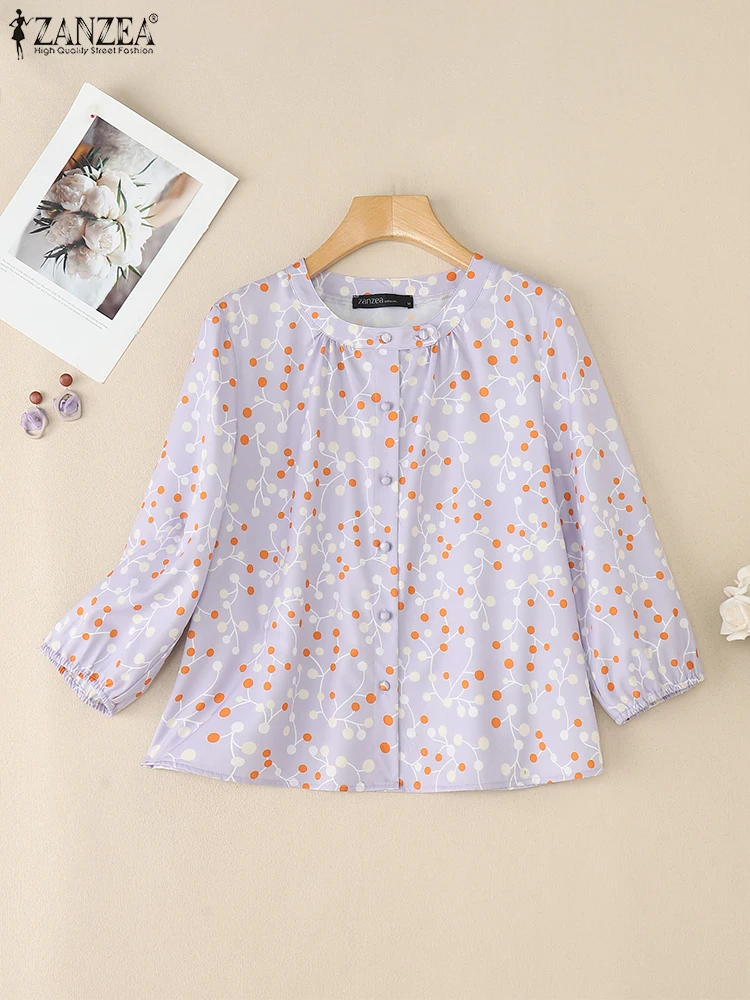 

ZANZEA 2025 Casual Loose Spring Shirts Women Printed Tunic Fashion 3/4 Lantern Sleeve Tops Buttons O Neck Blusas Oversized