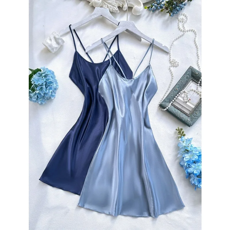 1pcs Smooth Acetate Satin Sexy Camisole Maxi Dress V Neck Flared Hem Elegant Vacation Evening Long Dress