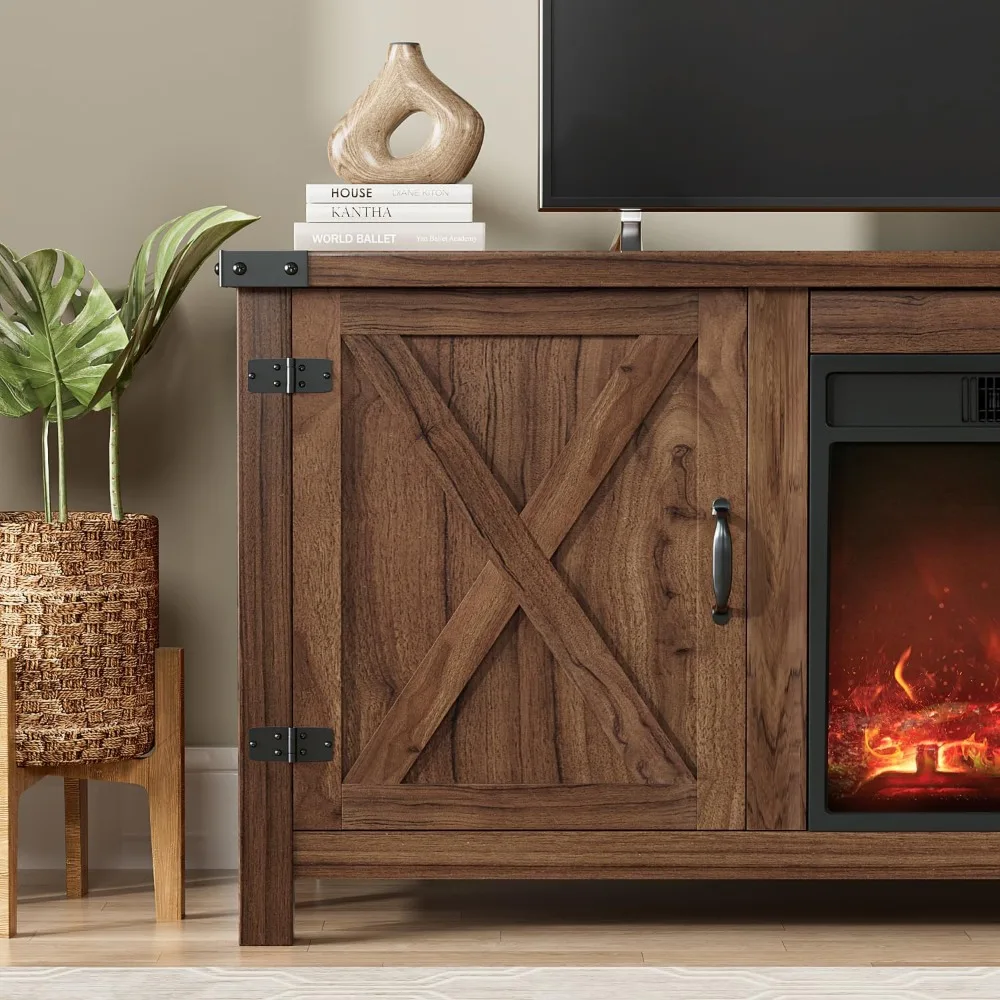 حامل تلفزيون YESHOMY Fireplace مع بابين للحظيرة وخزائن تخزين للتلفزيونات حتى 65+ بوصة، وحدة تحكم مركزية ترفيهية