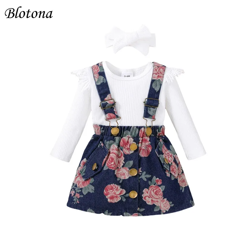 

Blotona Baby Girls 3Pcs Set Ruffled Long Sleeve Solid Color Ribbed Romper Floral Denim Overalls Skirt Headband Adorable Outfits