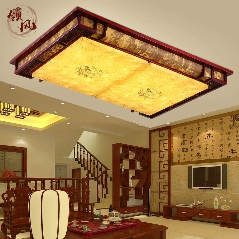 Chinese antique ceiling light bedroom study light classical square sheepskin patch solid wood art guest restaurant home light