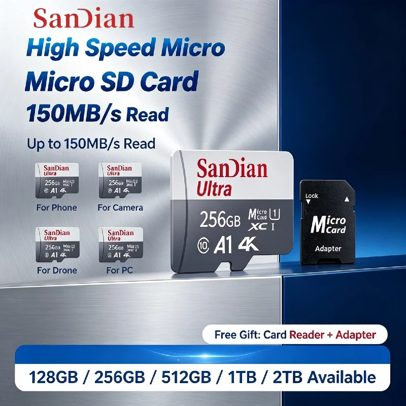 128GB 512GB U1 A1 Class 10 Micro SD Card High Speed 4K UHD Memory Adapter Reader for Drone Dash Cam Phone Tablet Camera Max