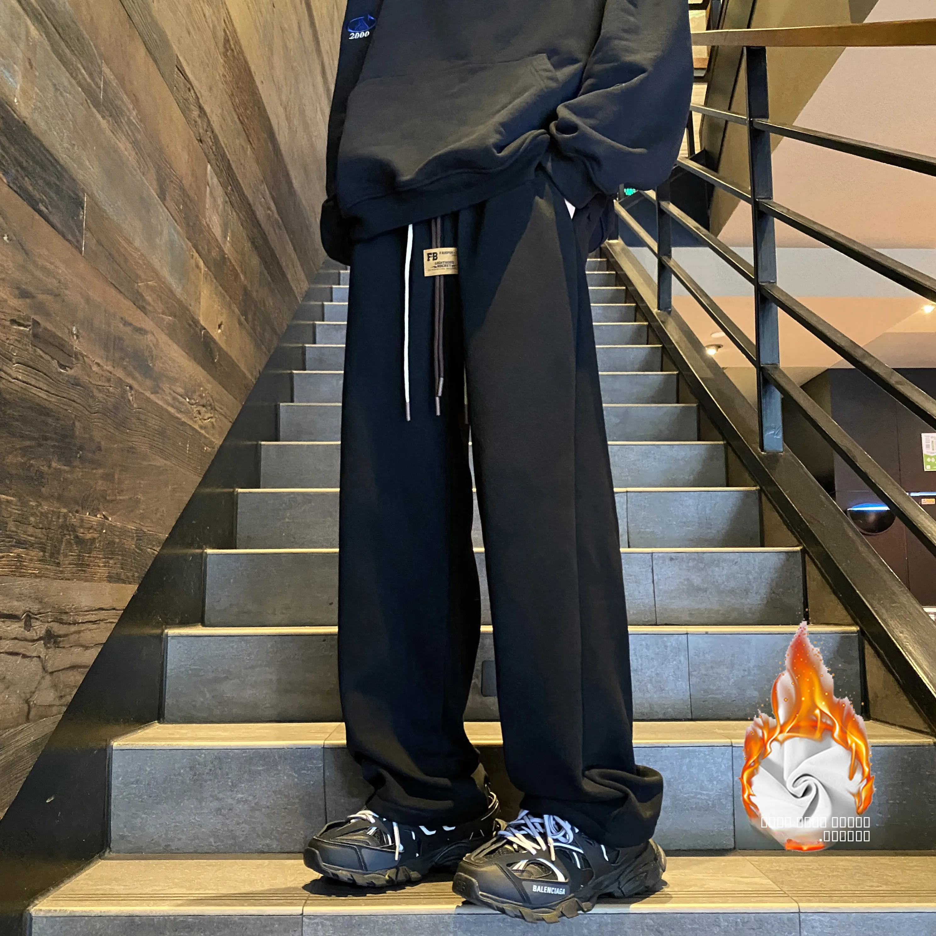 

Men's Fce Lined Thi Straight Leg Casual Pants Loose Fit Winter Leisure Long Trousers Faionable Youth Active Sle