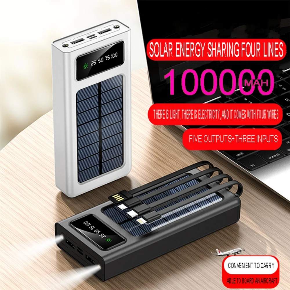 

100000mAh Ultra-Large Capacity Power Bank Solar Charging Power Bank Comes With Four Wires Suitable For Samsung Apple Huawei