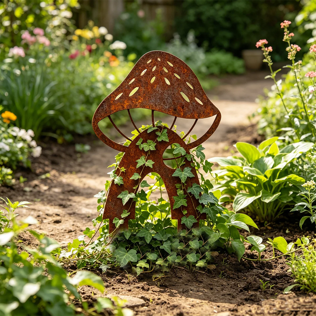 1Pc Iron Art Garden Decorative Stake, Rust-Colored Iron Art Hollow Mushroom House Garden Decorative Stake, Can Be Wrapped with Vines and Green Plants, Outdoor Flower Bed Lawn Landscaping Insert, Rustic Fairy Tale Style