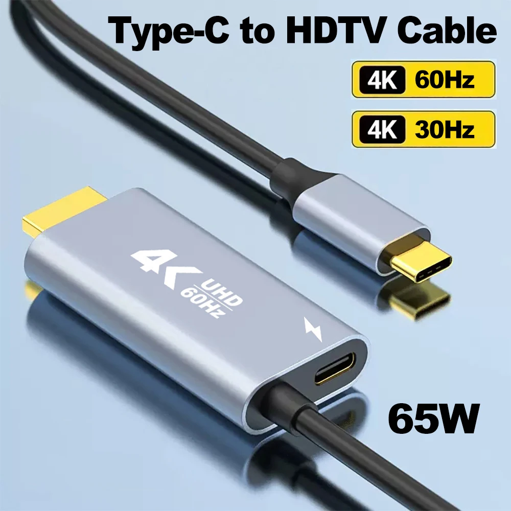 Type C to HDMI-compatible Cable USB C to HDMI Converter 4K 60Hz/30Hz USB HDTV Cable Adapter PD 65W Charger for PC TV Macbook Pro